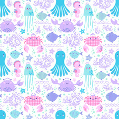 Seamless pattern with cute sea life animals. Vector background with octopus, crabs, seahorses and jellyfish. - 515453929