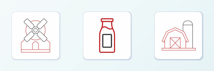 Set line Farm house, Windmill and Bottle with milk icon. Vector