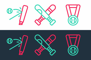 Set line Medal with baseball ball, Baseball bat and Crossed icon. Vector