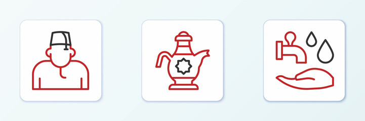 Set line Wudhu, Muslim man and Islamic teapot icon. Vector
