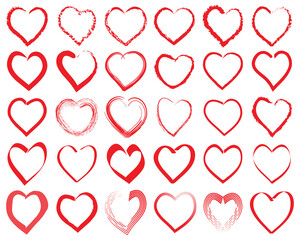 Set of hand drawn hearts. Red heart shape doodle art sketch style, icon, vector illustration
