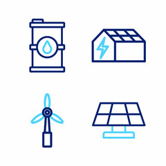 Set line Solar energy panel, Wind turbine, and Bio fuel barrel icon. Vector