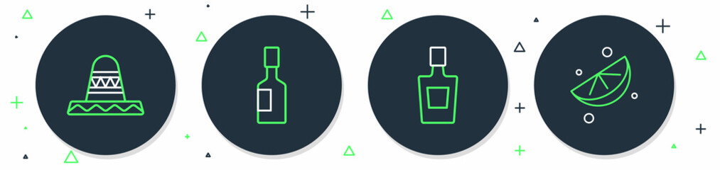 Set line Tabasco sauce, Tequila bottle, Mexican sombrero and Sliced lime icon. Vector