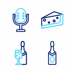 Set line Champagne bottle, Piece of cake and Microphone icon. Vector