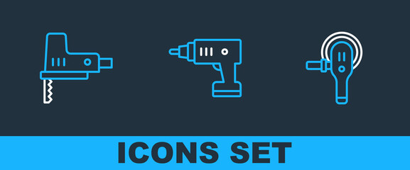 Set line Angle grinder, Electric jigsaw and cordless screwdriver icon. Vector