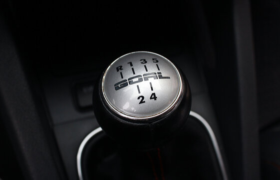 Five speed gear shift in car . Gear transmission. Manual gearbox handle in the car