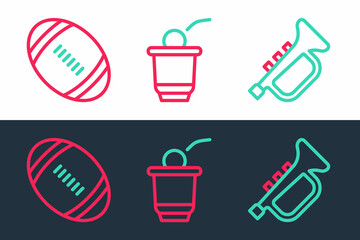 Set line Trumpet, American Football ball and Beer pong game icon. Vector