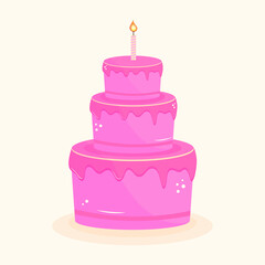 Cake. flat pink three-tiered birthday cake with a lit candle