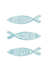 Happy birthday greeting card, vector illustration, hand drawn style. Hand drawn blue fishes with birthday wishes