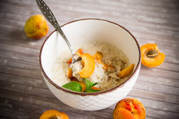 Healthy breakfast of apricot oatmeal with fresh fruit
