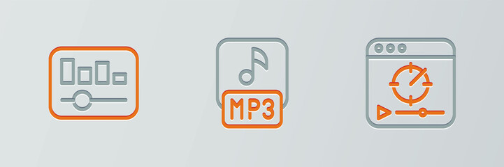 Set line Online play video, Music equalizer and MP3 file icon. Vector