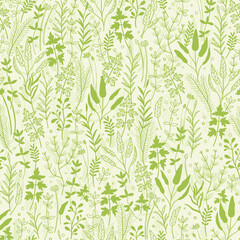 Green nature seamless pattern, herbal background, fresh hand drawn vector design