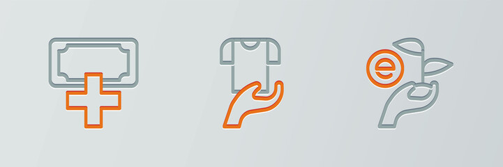 Set line Leaf in hand, Donation charity and Clothes donation icon. Vector