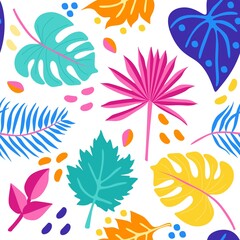Seamless print for fabric, wallpaper with multicolored tropical leaves and color spots on a white background. Natural pattern in vector.