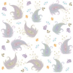 Light pleasant pattern for flying dresses. Seamless ornament with paisley, leaves, stars and flowers on a white background in vector.