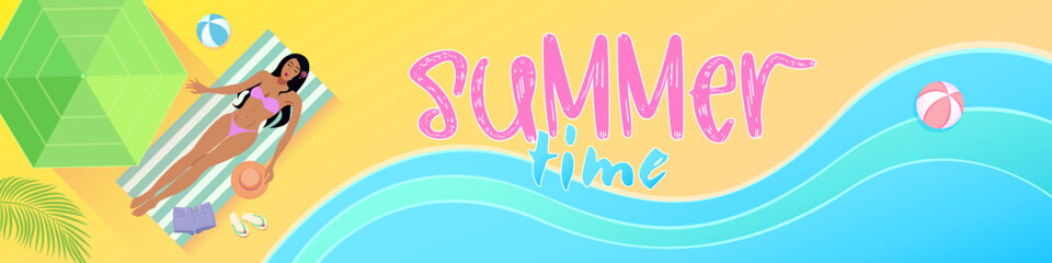 Girl on the beach in a swimsuit, top view. Holidays at the resort, the sea, the inscription 