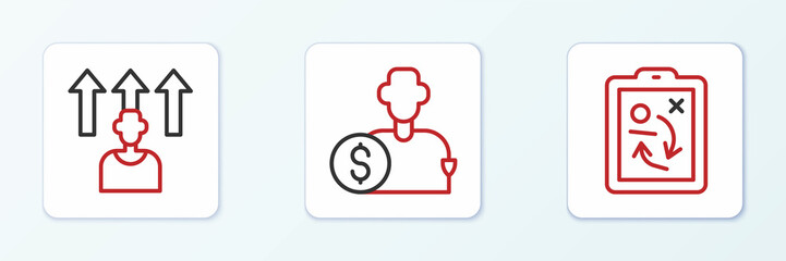 Set line Planning strategy concept, Football or soccer player and Buy football icon. Vector