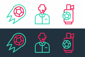 Set line Air horn, Soccer football ball and Football soccer commentator icon. Vector