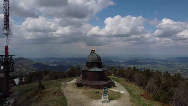 Radhost, Czechia-sculpture and Chapel of Saints Cyril and Methodius at the summit of Radhost mountain in the Beskids in Czech republic,Europe,Cyril and Methodius, aerial panorama landscape view	