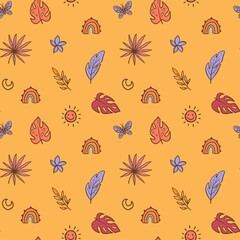 Vector seamless pattern with tropical leaves of different shapes and boho rainbow. Trendy retro colors. Pink, purple leaves. Hand-painted print for textile, fabric, background