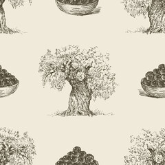 Seamless background of olive trees and ripe olives sketches