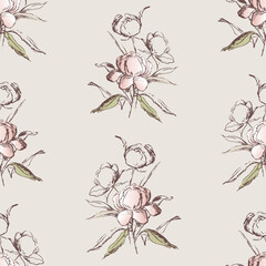 Seamless background of peonies bunch sketches