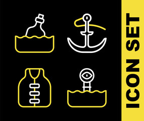 Set line Anchor, Periscope, Life jacket and Bottle with message in water icon. Vector