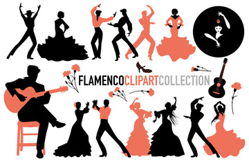 Flamenco Dance Clipart Collection. Set of dancers dressed in typical Spanish clothes, guitarist and typical items of Spanish folklore - obrazy, fototapety, plakaty