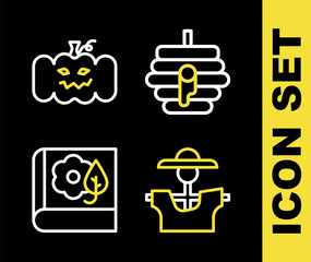 Set line Hive for bees, Scarecrow, Herbarium and Pumpkin icon. Vector