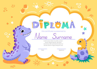 Colorful school and preschool diploma certificate for kids and children in kindergarten or primary grades with cute dinosaurs. Vector cartoon illustration