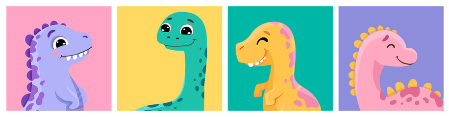 Set of cute dinosaurs posters for baby print design or nursery poster. Vector cartoon illustration
