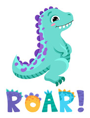 Cute dinosaur with roar lettering for birthday greeting card, baby shower invitation, nursery posters. Vector cartoon illustration in scandinavian style.