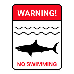 Warning! Shark, no swimming. Black and red rectangular sign