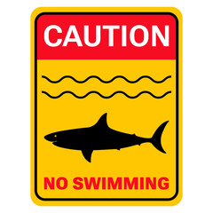 Caution! Shark, no swimming. Red and yellow rectangular sign