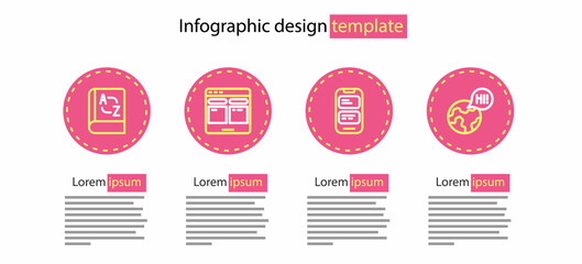 Set line Online translator, Learning foreign languages, and Translator book icon. Vector