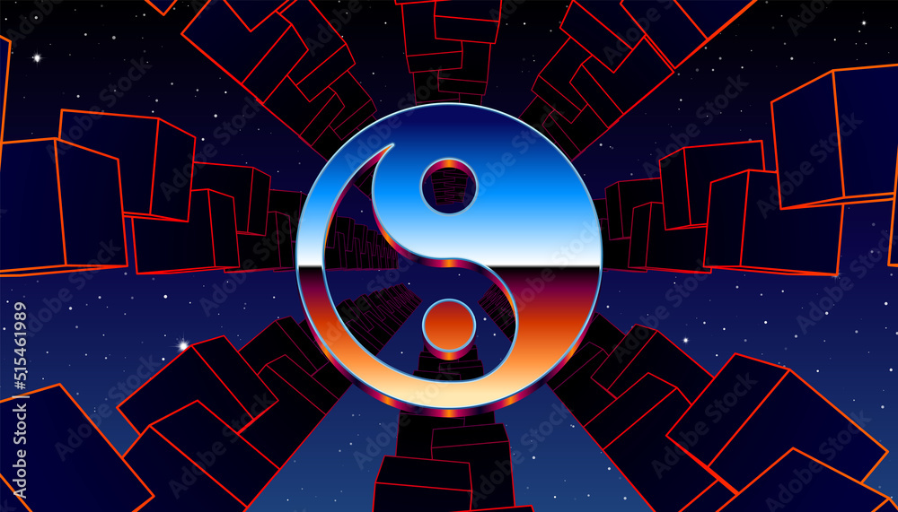 Aufkleber Synthwave frame with chrome Yin Yang sign and 80s styled synthwave arcade game landscape.