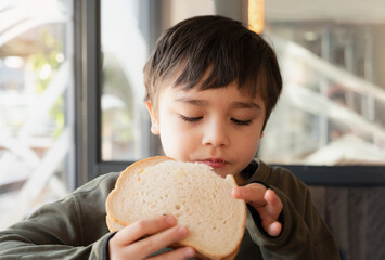 Portrait healthy young boy eating bacon sandwich, School Kid having breakfast in the cafe be for go...