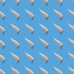 Trendy pattern with antiseptic. White bottle of instant antiseptic hand sanitizer on blue background, no label.