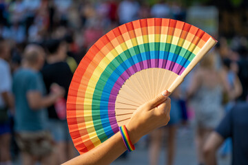 Woman holding a fan with the multicolored gay flag, a rainbow bracelet and multi-colored fingernails, on the occasion of gay and LGBTI pride during a sunny summer day