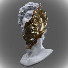 Abstract illustration from 3D rendering of a gold and white marble bust of male classical sculpture broken in three pieces and tiny fragments isolated on gray background. - obrazy, fototapety, plakaty