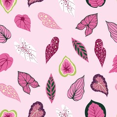 Seamless pattern with leaves on pink background. Hand drawn vector illustration. Texture for print, textile, fabric.