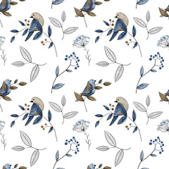 Watercolor seamless pattern with floral elements in brown and blue colors. is perfect for invitation cards, spring decor, greeting cards, branding design, posters, scrapbooking, print, wall