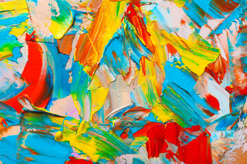 Closeup view of artist's palette with mixed bright paints as background - obrazy, fototapety, plakaty