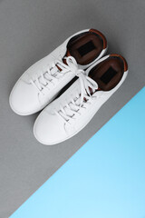 Pair of stylish sports shoes on color background, flat lay