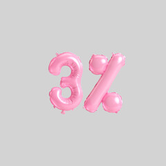 3d illustration of 3 percent pink balloons isolated on background