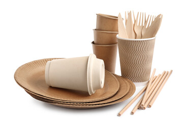 Set of disposable tableware on white background