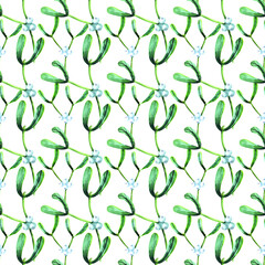 Mistletoe watercolor seamless pattern background for fabric, wallpaper, wrapping paper.