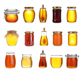 Set with tasty natural honey on white background