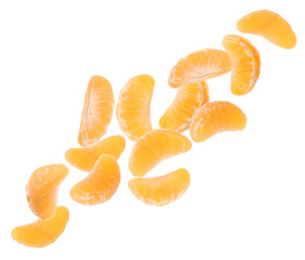 Naklejka na ściany i meble Pieces of tasty tangerines falling on white background