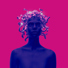 Abstract illustration from 3D rendering of female frontal figure with golden shiny medusa snakes headpiece isolated on background in colorful vaporwave style gradient and palette. © Rrose Selavy